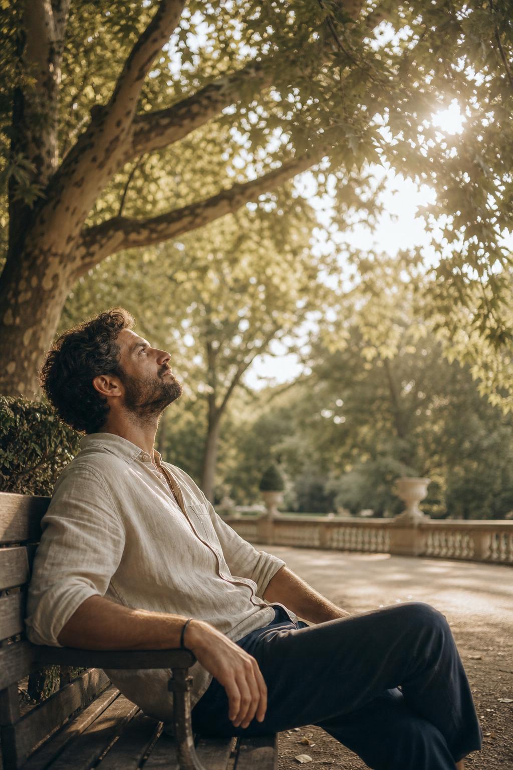Man sitting on a park bench looking up at soft sunlight through trees